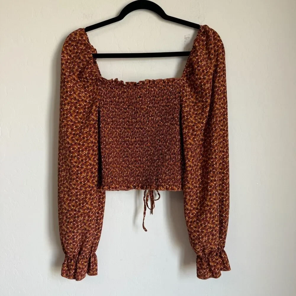 Moody Fall Sz Med Boho Floral Smocked Peasant Balloon Sleeve Crop Top Festival